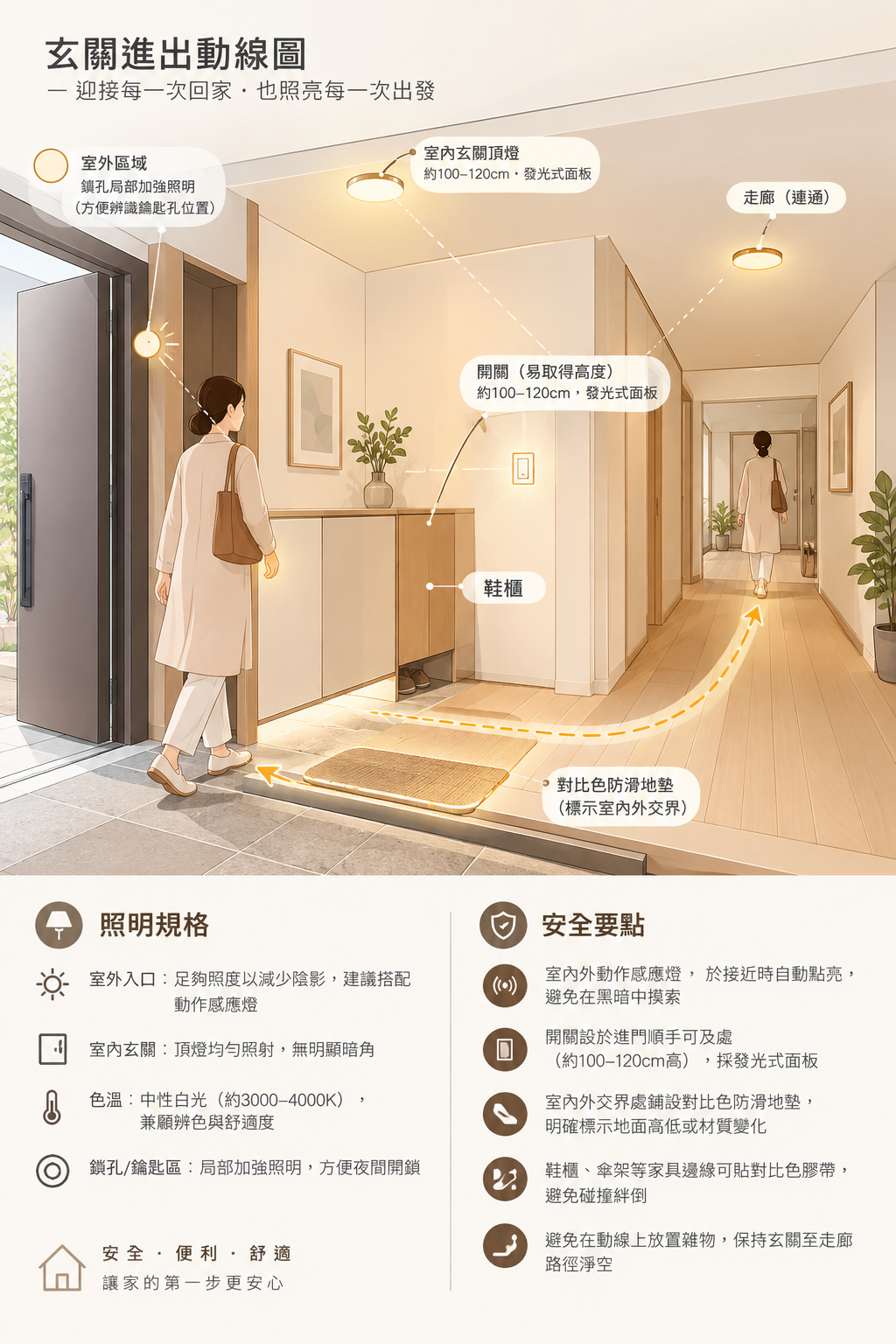 玄關進出動線圖：入口鎖孔照明、玄關與走廊燈、易操作開關、鞋櫃及對比色防滑地墊。
