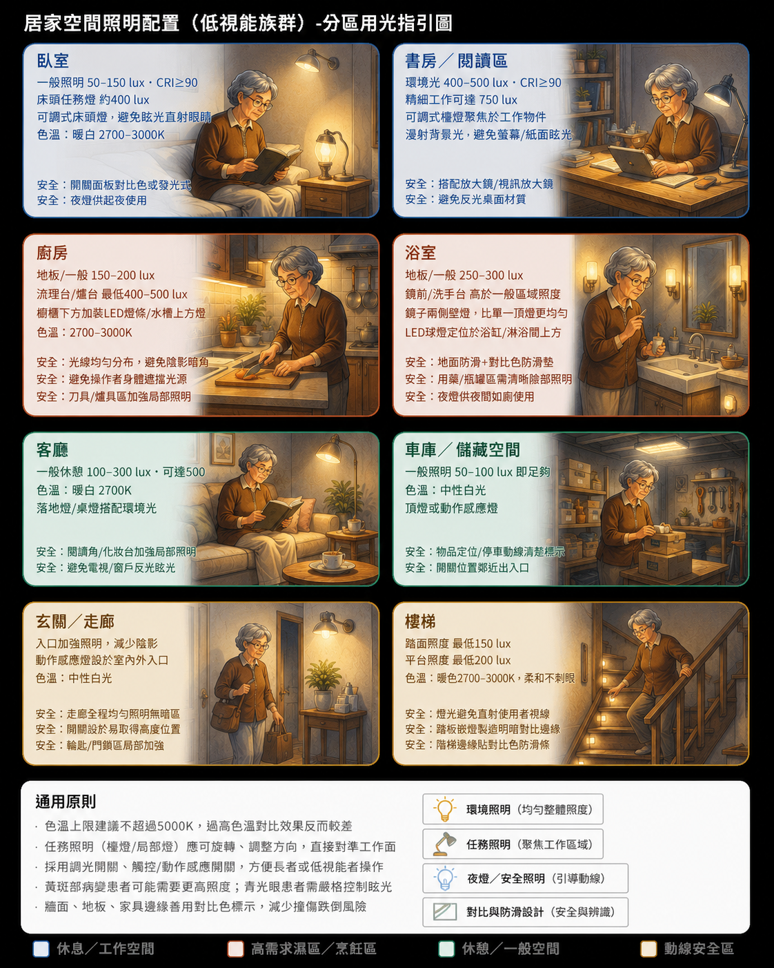 低視能族群居家分區用光指引圖，呈現臥室、書房、廚房、浴室、客廳、車庫、玄關與樓梯的照明及安全要點。