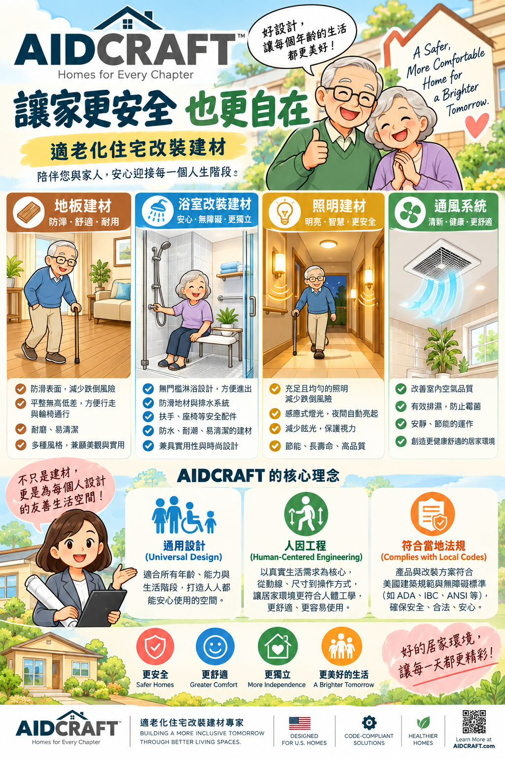 適老化住宅改裝建材示意：地板、浴室、照明與通風，結合通用設計及人因工程。